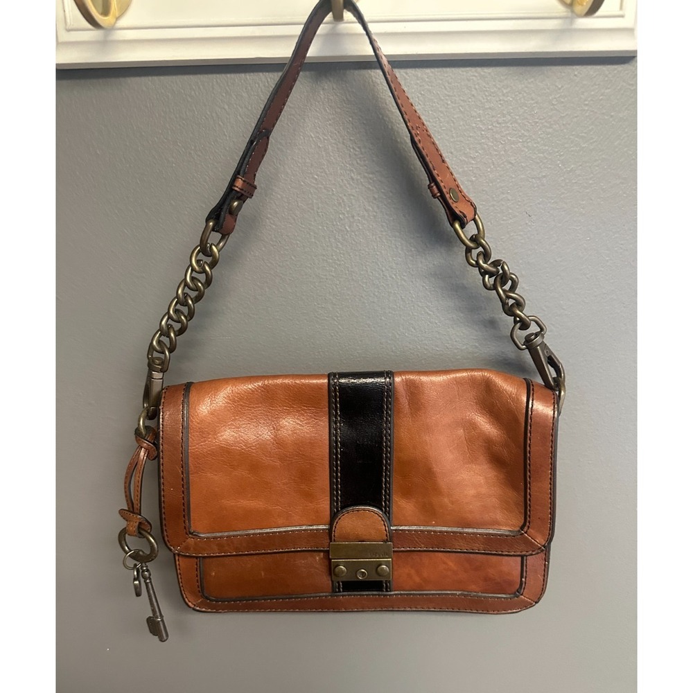 Fossil Long Live Vintage Brown Leather Shoulder Bag Chain Handbag Key Charm